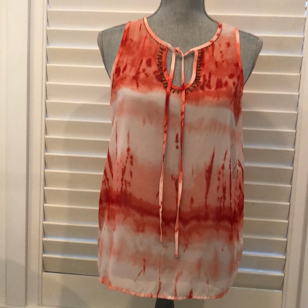 Violet & Clair Orange/White sheer beaded top.